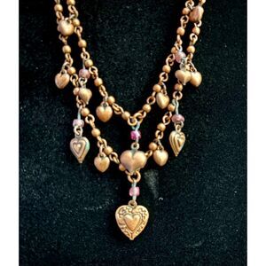VNT Copper Tone Heart Charm Necklace Layered Boho Romantic Statement Pink Beads
